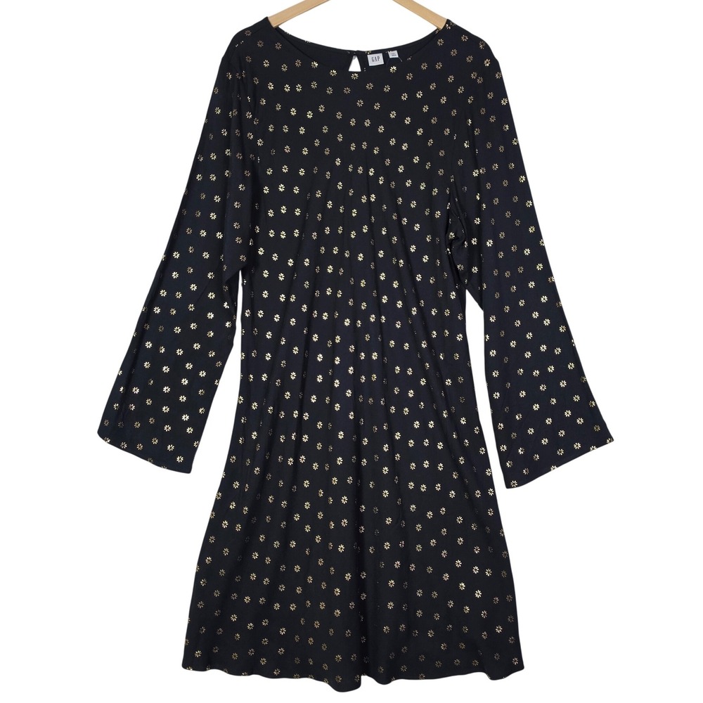 Gap Women XXL Black Gold Floral Dress Long Sleeve Boat Neck Festive Boho